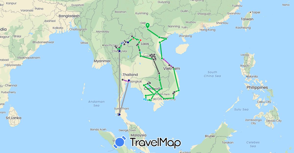 TravelMap itinerary: driving, bus, plane, cycling, train, hiking, boat, motorbike in Cambodia, Laos, Thailand, Vietnam (Asia)